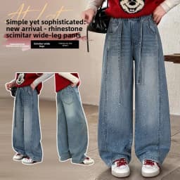 Girls Spring Autumn Denim Jeans Straight Leg Wide Leg Pants Embroidered Rhinestones Children's Faionable Trousers