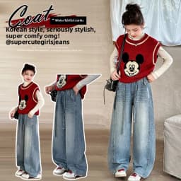 Girls Spring Autumn Denim Jeans Straight Leg Wide Leg Pants Embroidered Rhinestones Children's Faionable Trousers
