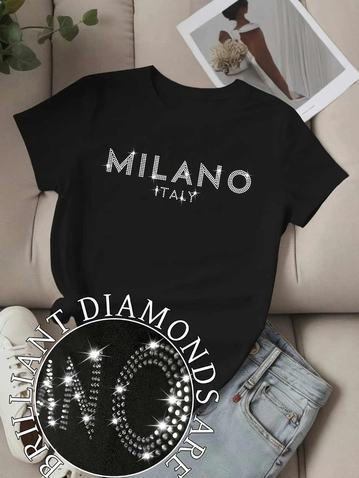 Summer Fashion Sparkling Glitter Rhinestone T-Shirt Short Sleeve Top Shiny Bling Women's Casual Wear