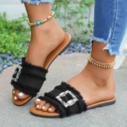 Women's Slippers Summer Sliding Metal Buckle Flat Shoes Fashion Sandals Women's Designer 2026 Comfortable Women's Shoes Slides