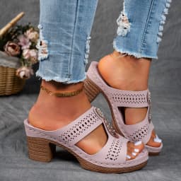 Women's Summer New Simple and Comfortable High Heels Sandals Rhinestone Decorate Slip on Fish Mouth Chunky Heel Beach Slippers