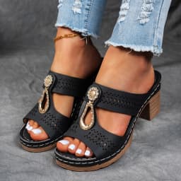 Women's Summer New Simple and Comfortable High Heels Sandals Rhinestone Decorate Slip on Fish Mouth Chunky Heel Beach Slippers