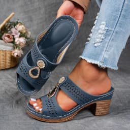 Women's Summer New Simple and Comfortable High Heels Sandals Rhinestone Decorate Slip on Fish Mouth Chunky Heel Beach Slippers