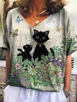 Elegant Vintage Cat Print Casual T Shirt V Neck Short Sleeve Tee For Women Summer Holiday Travel And Vacation Wear