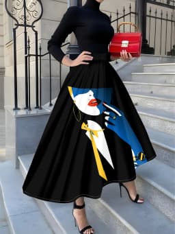 Retro Boho Art Portrait Print Midi Skirt for Women Elegant Fashion A Line High Waist Summer Casual Office Wear Trendy 2024