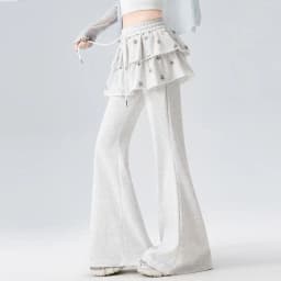 American Retro Sporty Style Faux Two-Piece Casual Sweatpants For Women Spring Summer Ruffled Slightly Flared Pants With Star