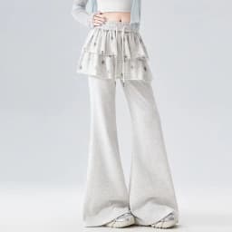 American Retro Sporty Style Faux Two-Piece Casual Sweatpants For Women Spring Summer Ruffled Slightly Flared Pants With Star