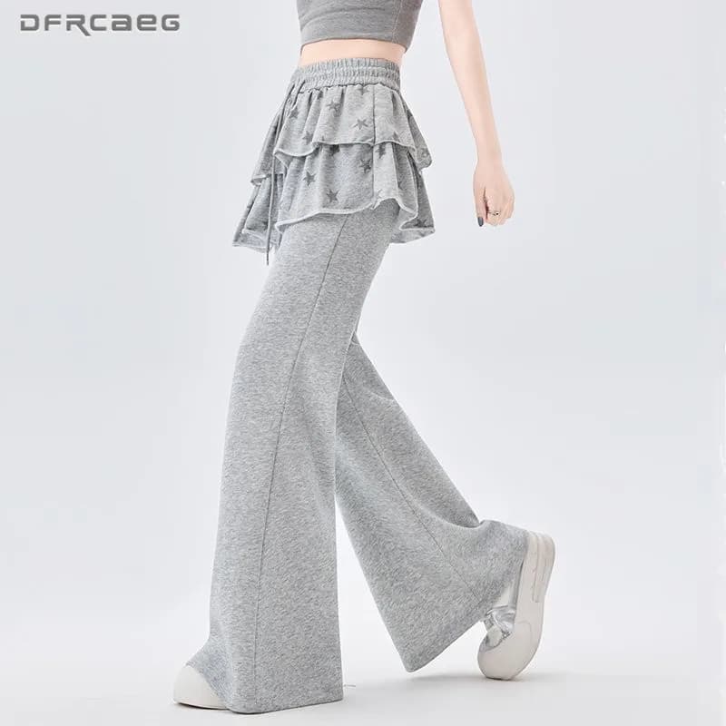 American Retro Sporty Style Faux Two-Piece Casual Sweatpants For Women Spring Summer Ruffled Slightly Flared Pants With Star