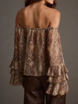 New Summer Women's Casual Printed Off-the-Shoulder Chiffon Blouse: Elegant Color-Blocking, Resort Style, Perfect for Summer