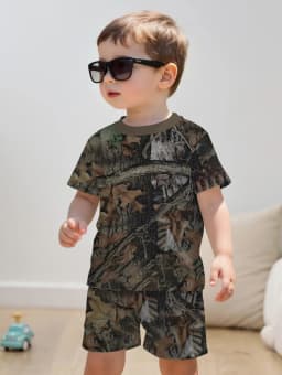 Camouflage Hunting Boys Set Forest Print Sport Short Sleeve Shorts 2-Piece Set Trip Tactical Training Oversize Top Kids Clothing