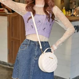 Fashion Lingge Embroidered Small Round Bag Solid Color Zipper Women Shoulder Bag PU Leather Crossbody Bag