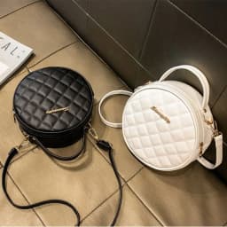 Fashion Lingge Embroidered Small Round Bag Solid Color Zipper Women Shoulder Bag PU Leather Crossbody Bag