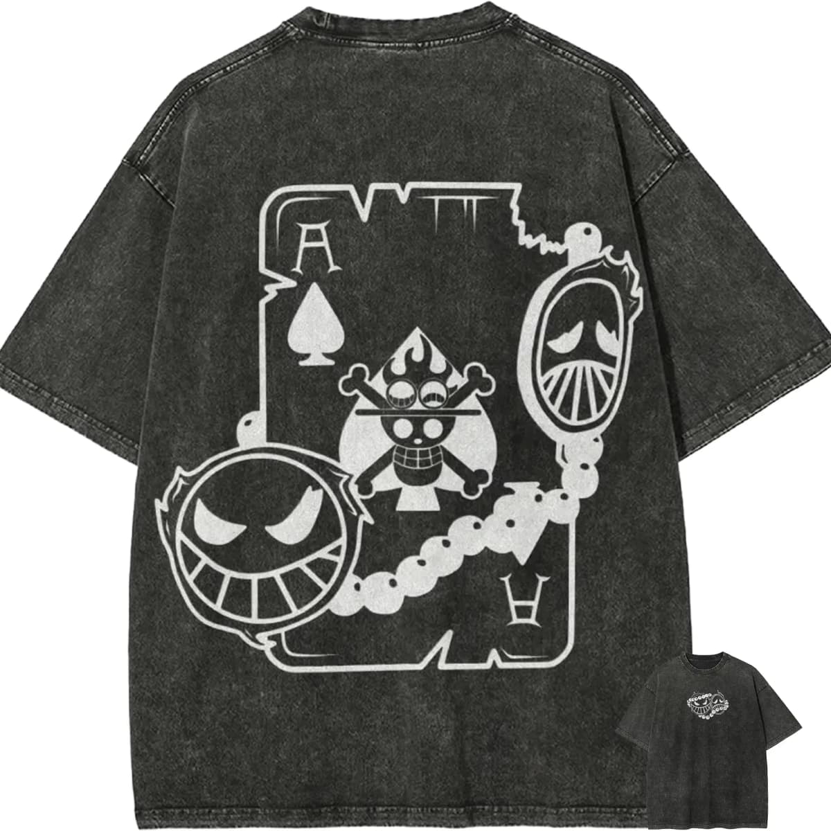 Ace T Shirt Men Acid Wash One Piece Anime Poker Ace of Spades Graphic Vintage Streetwear Fire Fist Smile Badge Shirt 2026 Summer