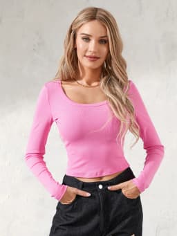 Women Basic Crop Tops Ribbed Scoop Neck Long Sleeve T-Shirts Fashion Slim Fit Baby Tees 2024 Autumn Tops Y2k Clothings