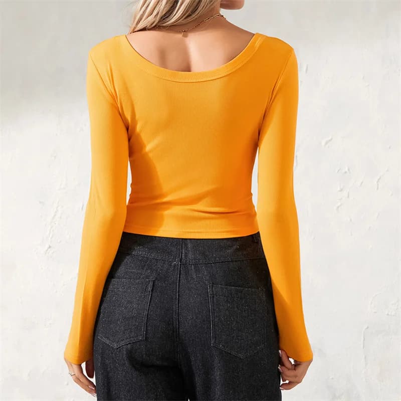 Women Basic Crop Tops Ribbed Scoop Neck Long Sleeve T-Shirts Fashion Slim Fit Baby Tees 2024 Autumn Tops Y2k Clothings