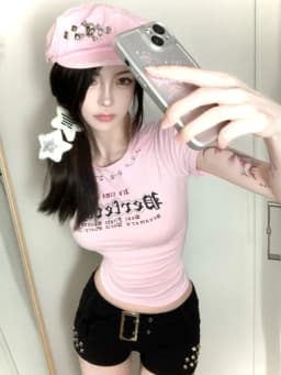 Summer Fashion New Women's Design Sense Spicy Girl T-shirt Letter Print Street Slim Fit Pink Backless Strap Temperament Top