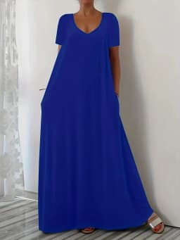 Plus Size Summer new long skirt casual loose short sleeved solid color V-neck plus size dress for women