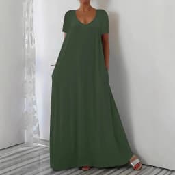 Plus Size Summer new long skirt casual loose short sleeved solid color V-neck plus size dress for women