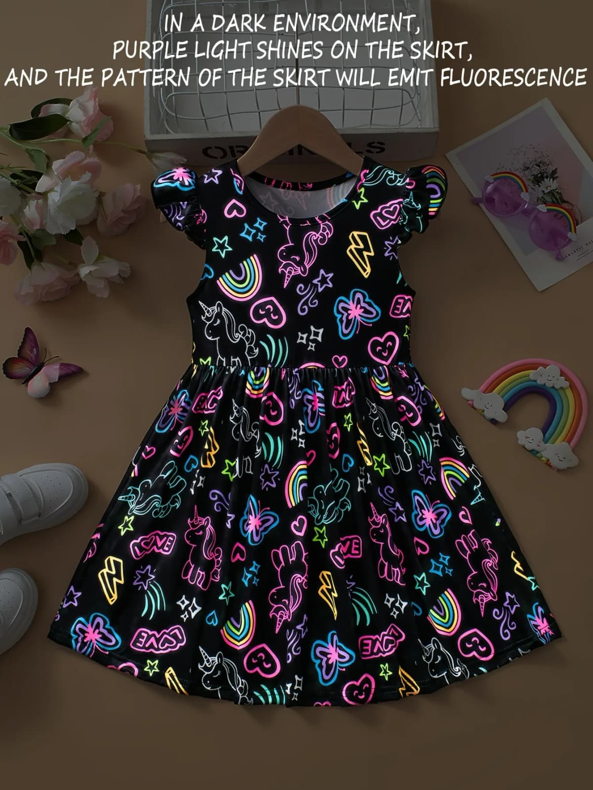 Cute Girls Luminous Dress Black Neon Unicorn Rainbow Print Skirt Kids Casual Daily Wear Glow Party Outfit