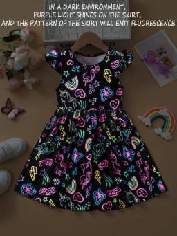Cute Girls Luminous Dress Black Neon Unicorn Rainbow Print Skirt Kids Casual Daily Wear Glow Party Outfit