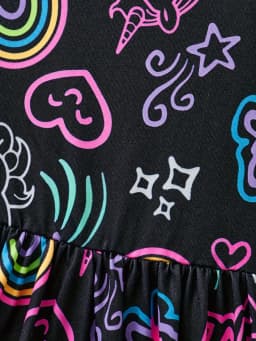 Cute Girls Luminous Dress Black Neon Unicorn Rainbow Print Skirt Kids Casual Daily Wear Glow Party Outfit