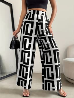 2026 Casual and Elegant Bohemian Style Wide Leg Elastic Waist Dual Color Checkered Printed Loose Pants Wide Leg Pants