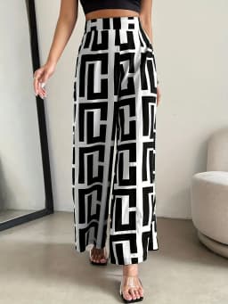 2026 Casual and Elegant Bohemian Style Wide Leg Elastic Waist Dual Color Checkered Printed Loose Pants Wide Leg Pants