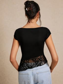 Women's Summer Slim Fit Asymmetrical Lace-Trimmed Short-Sleeve T-Shirt