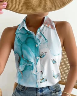 Women Sleeveless Halter Neck Button Down Blouse With Vibrant Swirl Abstract Print Perfect For Summer Beach Vacations Casual Outi