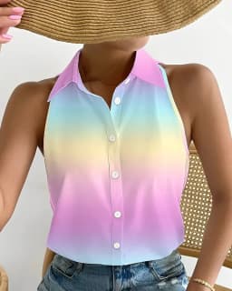 Women Sleeveless Halter Neck Button Down Blouse With Vibrant Swirl Abstract Print Perfect For Summer Beach Vacations Casual Outi