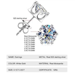 JoiasHome 925 Sterling Silver 0.1-3CT D Color Moissanite Stud Earrings Sparkling Piercing Jewelry For Women Men