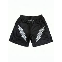 Black Basic Lightning Bolt Shorts, Worn Outdoors and Indoors in Summer