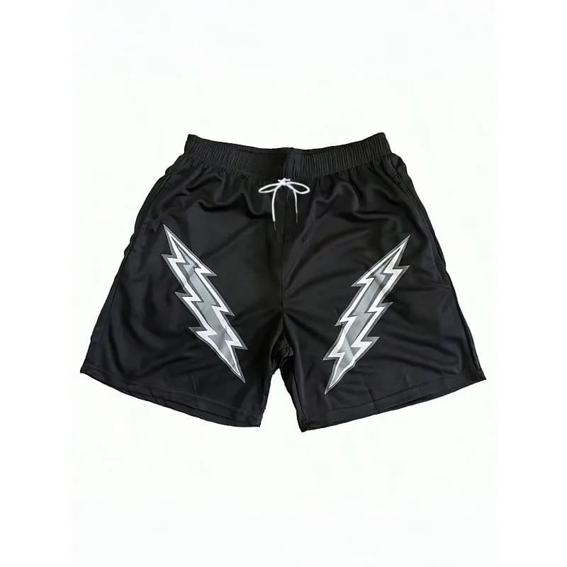 Black Basic Lightning Bolt Shorts, Worn Outdoors and Indoors in Summer