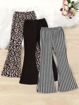 Trendy Girls 3 Pack Bell Bottoms Houndstooth Leopard Print Flare Pants Y2K Streetwear Fashion Pants