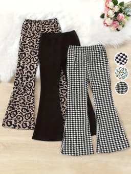 Trendy Girls 3 Pack Bell Bottoms Houndstooth Leopard Print Flare Pants Y2K Streetwear Fashion Pants