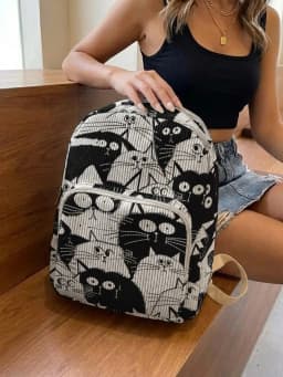 Black & White Cartoon Cats Allover Print Women Fashion Backpack Corduroy Multi-pocket Large Capacity Commuter Bag