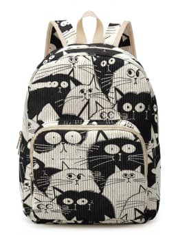 Black & White Cartoon Cats Allover Print Women Fashion Backpack Corduroy Multi-pocket Large Capacity Commuter Bag
