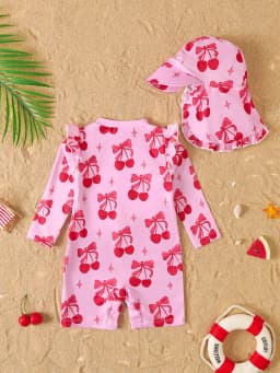 Baby Girl Summer Cherry Print Long Sleeve Onesie Swimsuit with Hat Infant Swimwear Protection And Style in One Piece