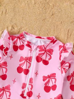 Baby Girl Summer Cherry Print Long Sleeve Onesie Swimsuit with Hat Infant Swimwear Protection And Style in One Piece