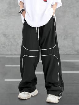 2026 Men's Lightweight Quick Dry Loose Trousers Black White Curved Line Piping Drawstring Elastic Waist Casual Streetwear Pants
