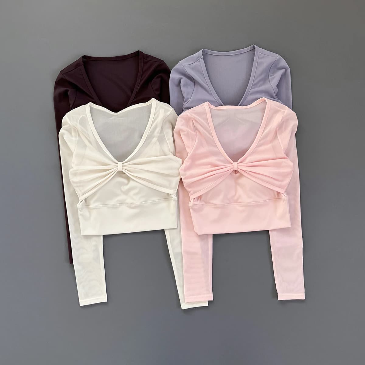 Women Deep V Mesh Long Sleeve Crop Yoga Top Front Twist Knot Slim Soft Breathable Running Fitness Workout Sports Long Sleeve Tee