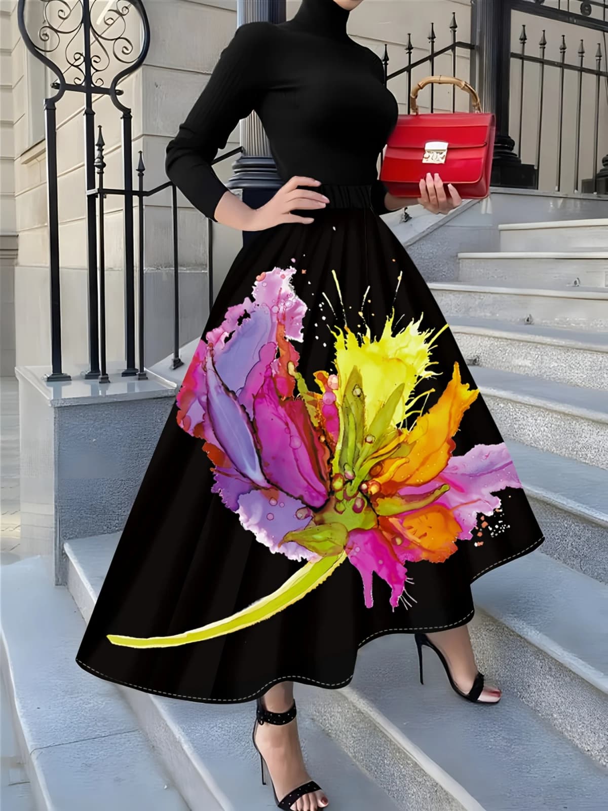 Women's Summer Vacation Skirt with Watercolor Print A Line Midi Skirt Casual Beach Party Skirt for Women High Waist Flowy