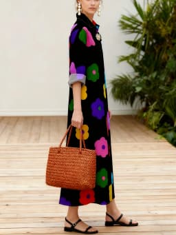 Floral Print Long Sleeve Dress for Women Vacation Style Black Collar A-Line Summer Dress Casual Chic Maxi Dress Spring Fall