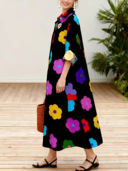 Floral Print Long Sleeve Dress for Women Vacation Style Black Collar A-Line Summer Dress Casual Chic Maxi Dress Spring Fall