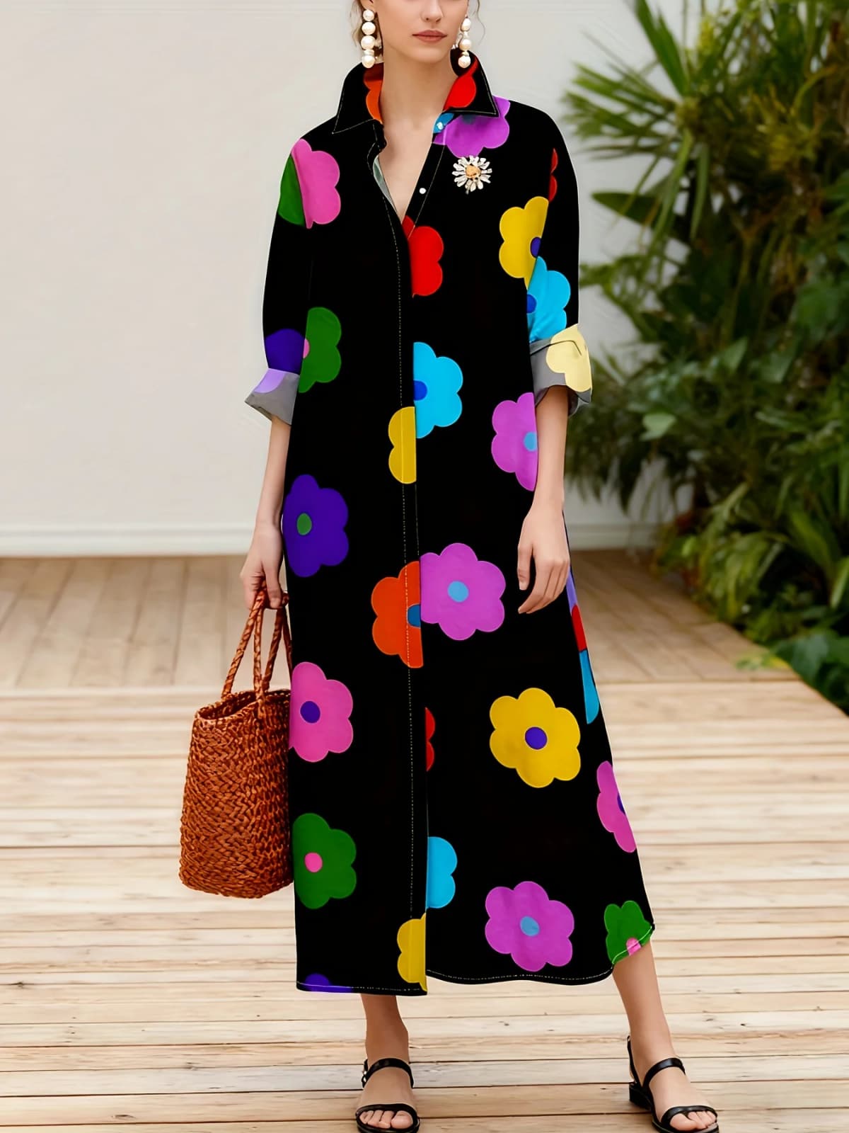 Floral Print Long Sleeve Dress for Women Vacation Style Black Collar A-Line Summer Dress Casual Chic Maxi Dress Spring Fall