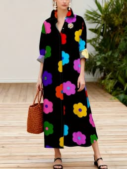 Floral Print Long Sleeve Dress for Women Vacation Style Black Collar A-Line Summer Dress Casual Chic Maxi Dress Spring Fall