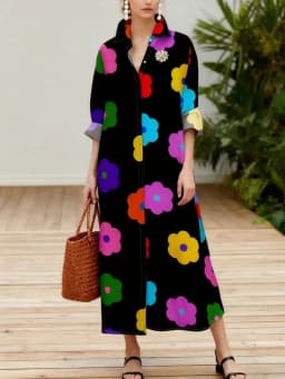 Floral Print Long Sleeve Dress for Women Vacation Style Black Collar A-Line Summer Dress Casual Chic Maxi Dress Spring Fall