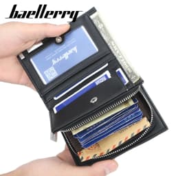 Baellerry Men's Slim Short Wallet with Card Clips Zipper Closure Multi-Card Slots PU Leather Large Capacity for Daily Use