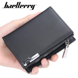 Baellerry Men's Slim Short Wallet with Card Clips Zipper Closure Multi-Card Slots PU Leather Large Capacity for Daily Use
