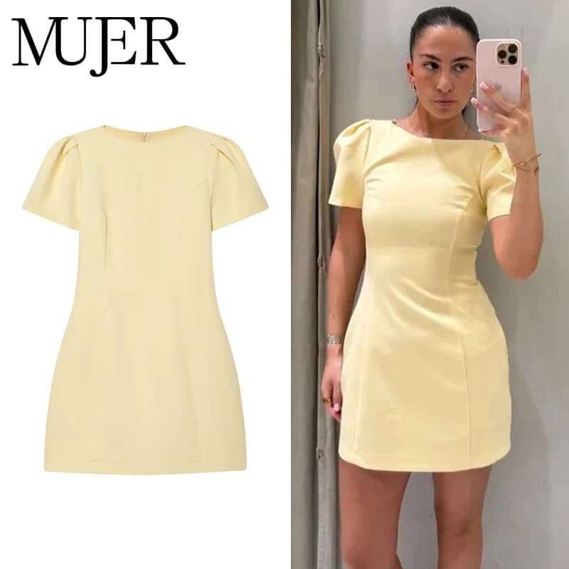 MUJER 2026 Pleated Short Dresses for Women Yellow Holiday Women's Dresses Elegant Party Dresses Woman Short Sleeve Formal Dress